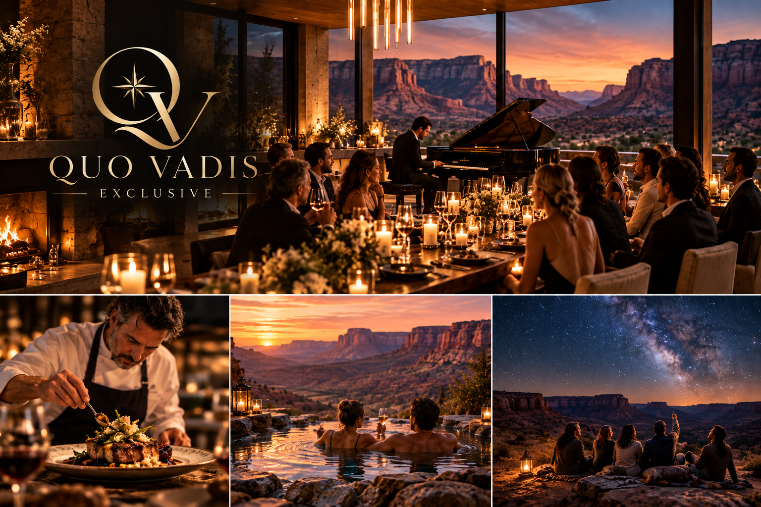 A candlelit Quo Vadis Exclusive gathering overlooking canyon country